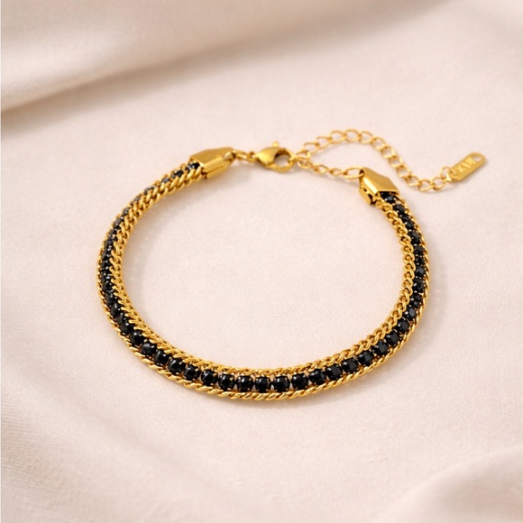 Jewelry - NEW Double Chain Bracelet With Black CZ Inlay Gold PVD Coated Stainless Steel